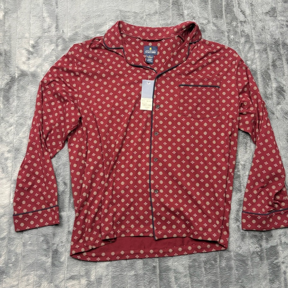 Stafford Mens Pajama Top XL Geo Burgundy Long Sleeve Button Up Sleep Shirt NEW